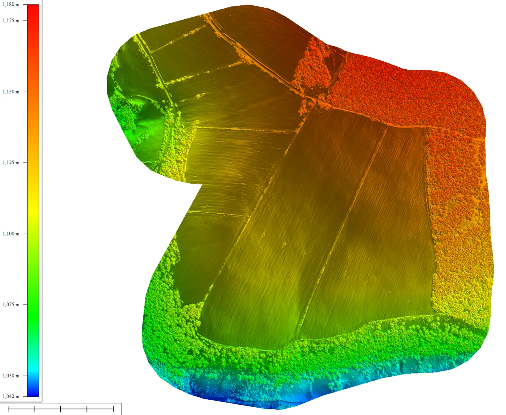 Modelo digital de superficie de una zona rural con representación de elevaciones obtenida mediante topografía con drones