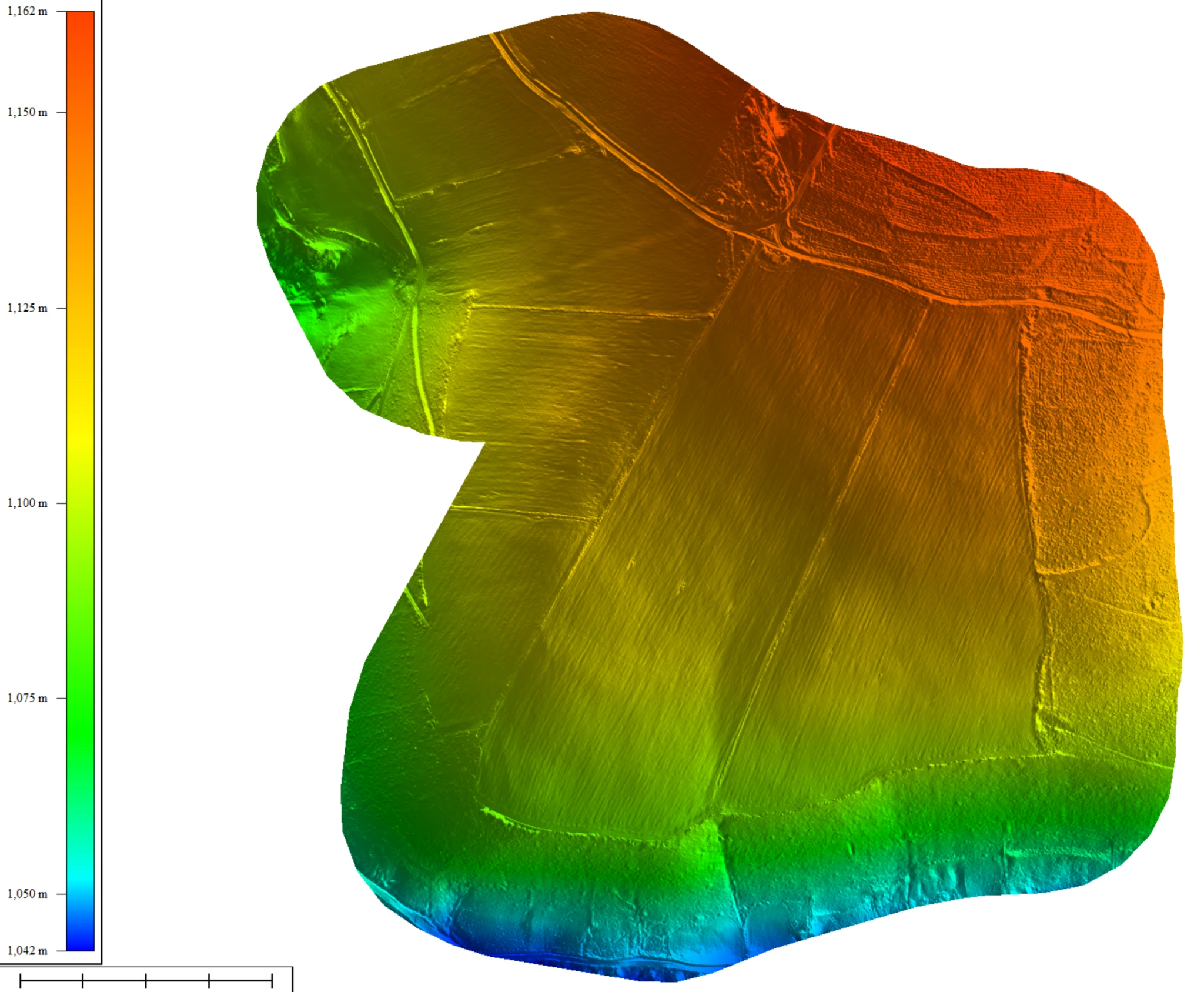 Modelo digital del terreno de una zona rural con representación del relieve y las elevaciones