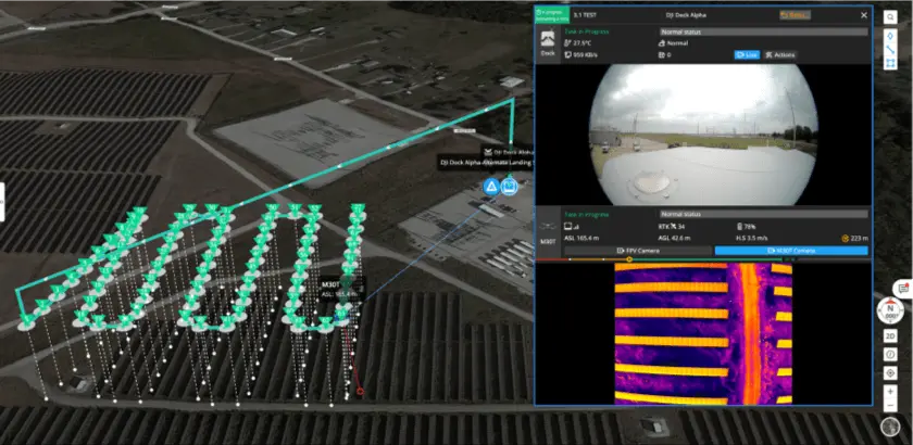 Dron automatizado realizando una inspección fotovoltaica con supervisión térmica de una planta solar
