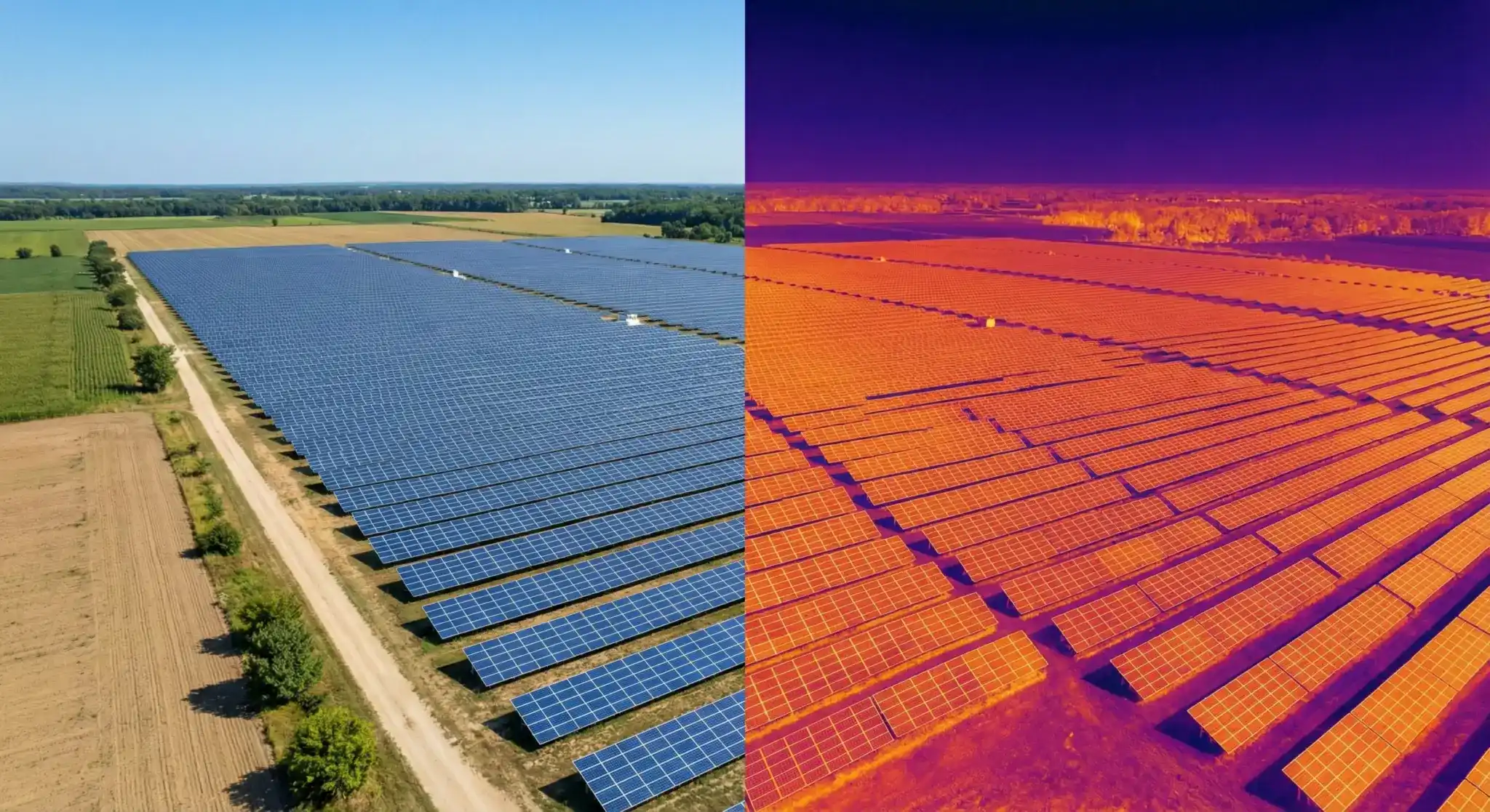 Imagen térmica capturada con dron durante la inspección de una planta fotovoltaica