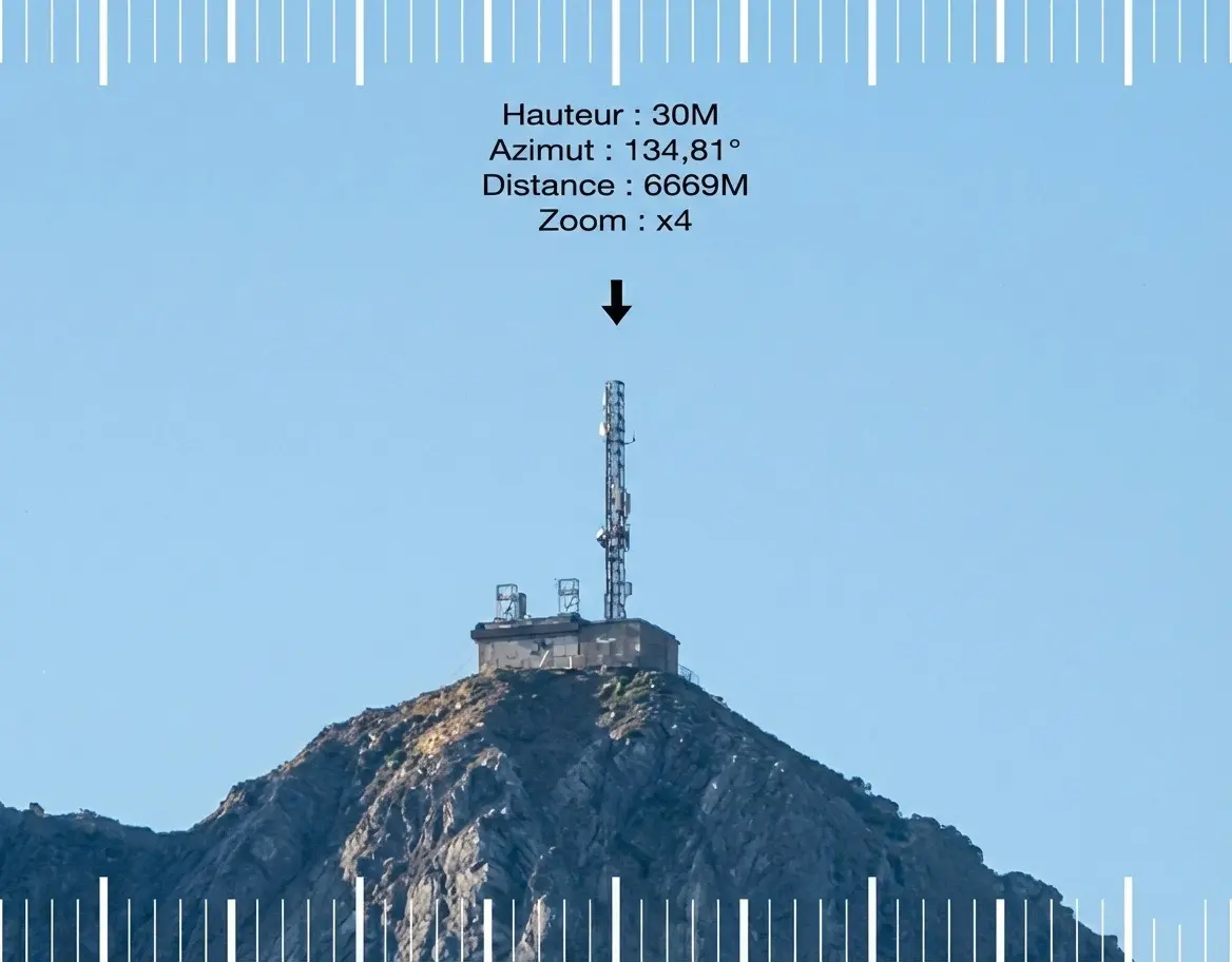 Detalle de una infraestructura de telecomunicaciones durante una comprobación de línea de vista con zoom x4