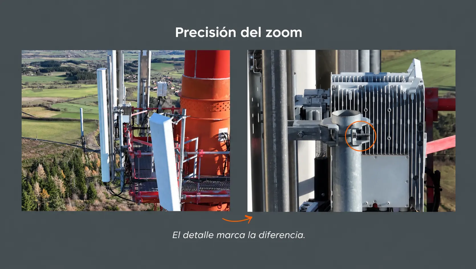 Detalle de equipos y fijaciones durante una inspección de telecomunicaciones con dron