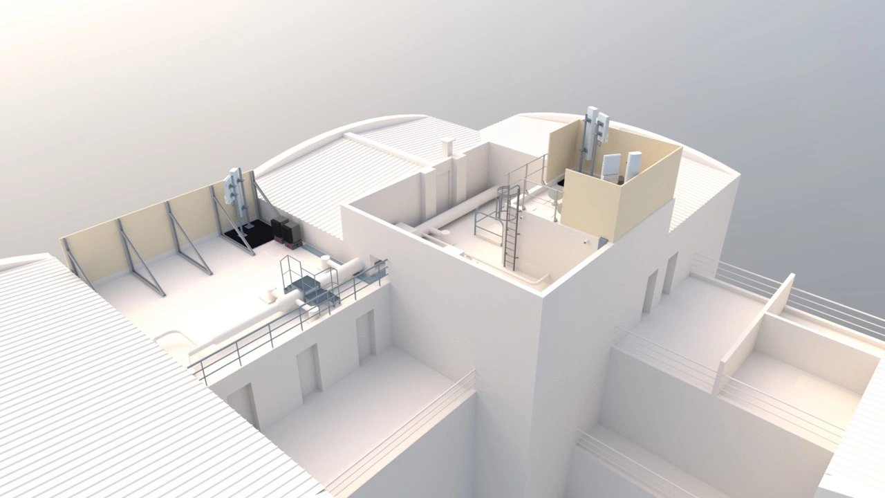 Modelo 3D de un emplazamiento con equipos de telecomunicaciones integrados