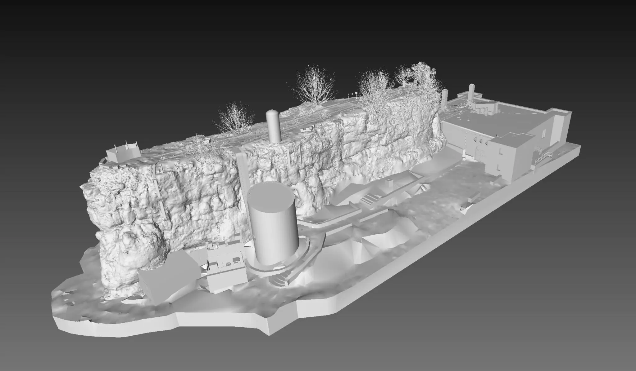 Modelo 3D de una instalación industrial y su entorno