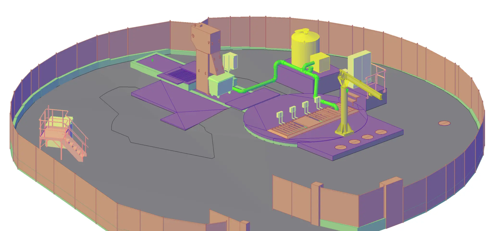 Modelo BIM de instalación industrial con elementos clasificados