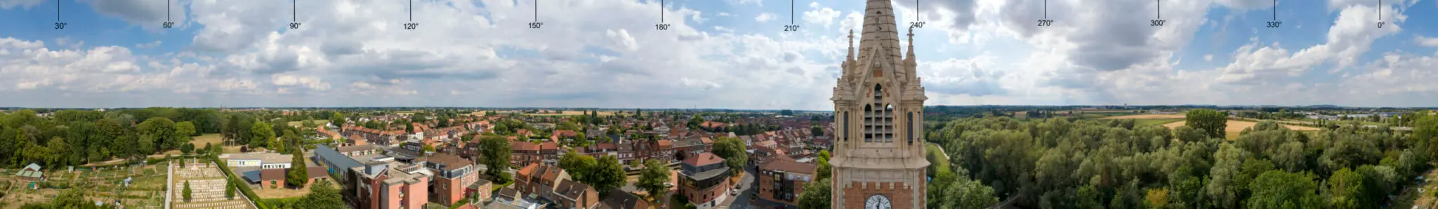 Panorámica 360° obtenida con dron de un entorno urbano con referencias de azimut