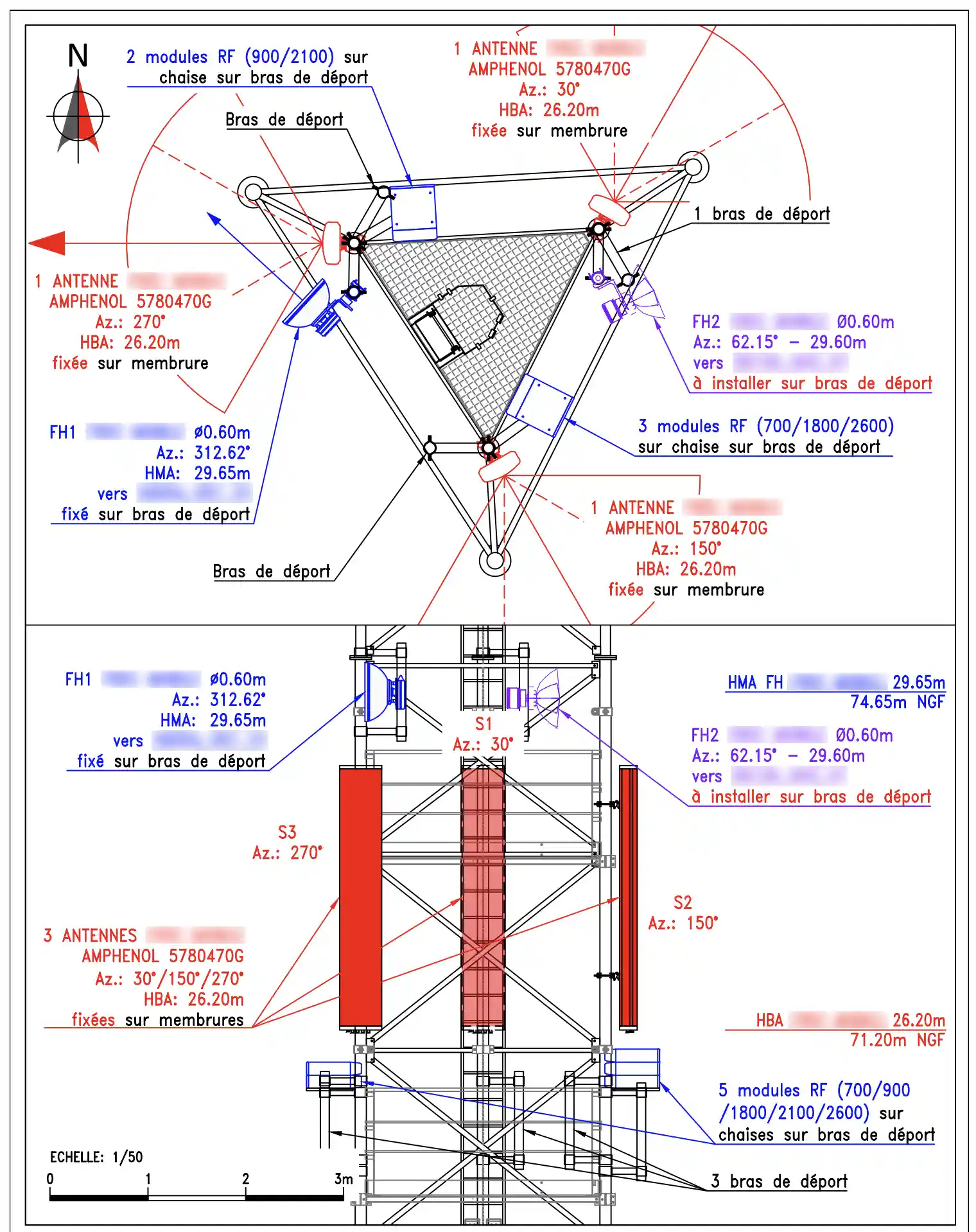 Plano de detalle de antenas y equipos instalados en una torre de telecomunicaciones