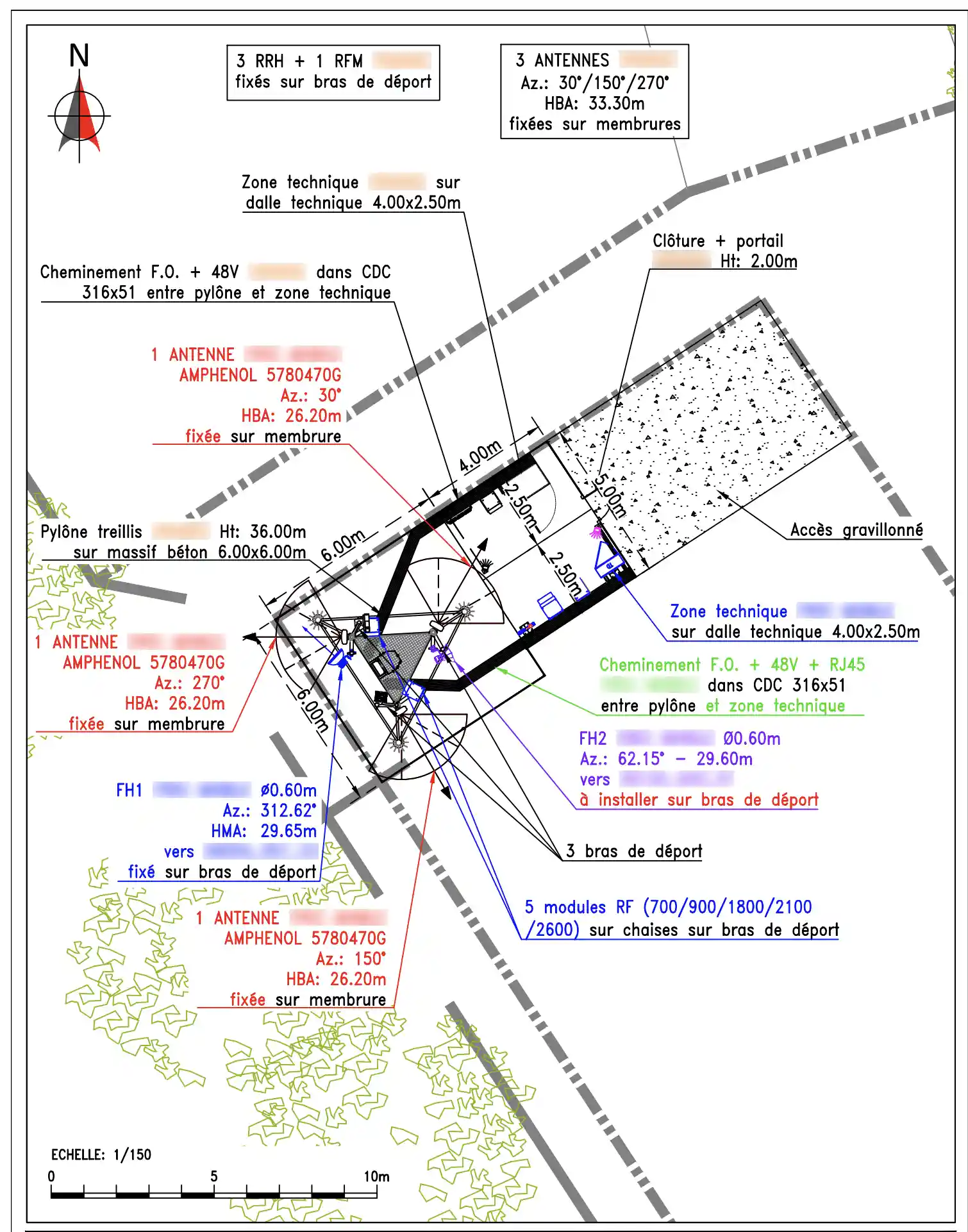 Plano en planta de un emplazamiento de telecomunicaciones con torre y zona técnica